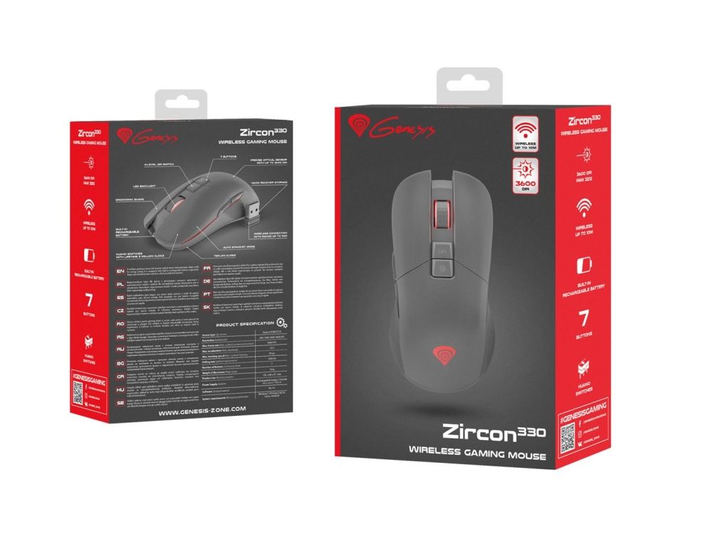 Bezdrátová herní myš Genesis Zircon 330, 3600 DPI, vestavěná dobíjecí baterie (PC)