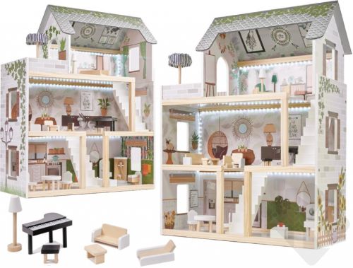 Drevený domček pre bábiky LULILO Floro boho + nábytok a LED osvetlenie, 78 cm