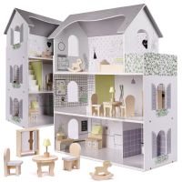 Dřevěný domeček pro panenky + nábytek, 70cm, šedý