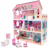Dřevěný domeček pro panenky s nábytkem - 70 cm, růžový, LED osvětlení