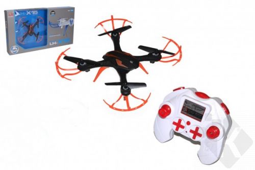 Dron RC létající bez kamery plast 18x18cm 2,4GHz + dobíjecí pack v krabici 50x28x7cm