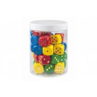 Hrací kostky barevné dřevo společenská hra 25mm 34 ks v plastové dóze 10x14cm 12m+