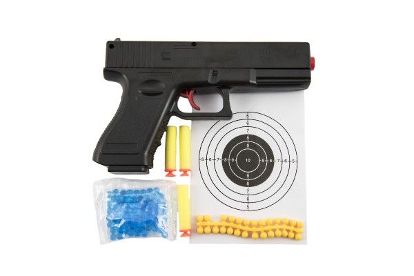 Pistole na kuličky 20cm plast + 3 druhy nábojů (vodní kuličky 6mm, pěnové náboje 3ks, gumové kuličky)
