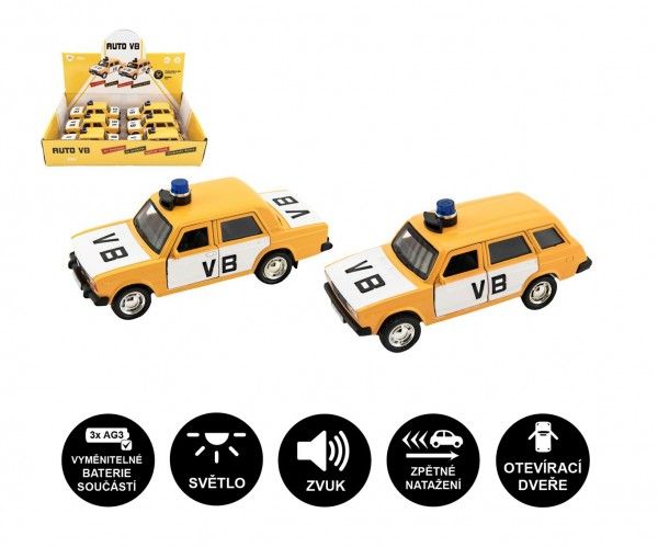 Policejní auto VB kov/plast 11,5cm na zpětné natažení na baterie se zvukem 2 druhy