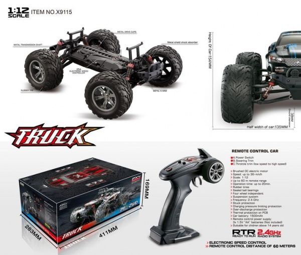 RC auto Buggy Monstertruck 1:12, 2,4 GHz rychlost až 40 km/h, LED, červená, nová verze