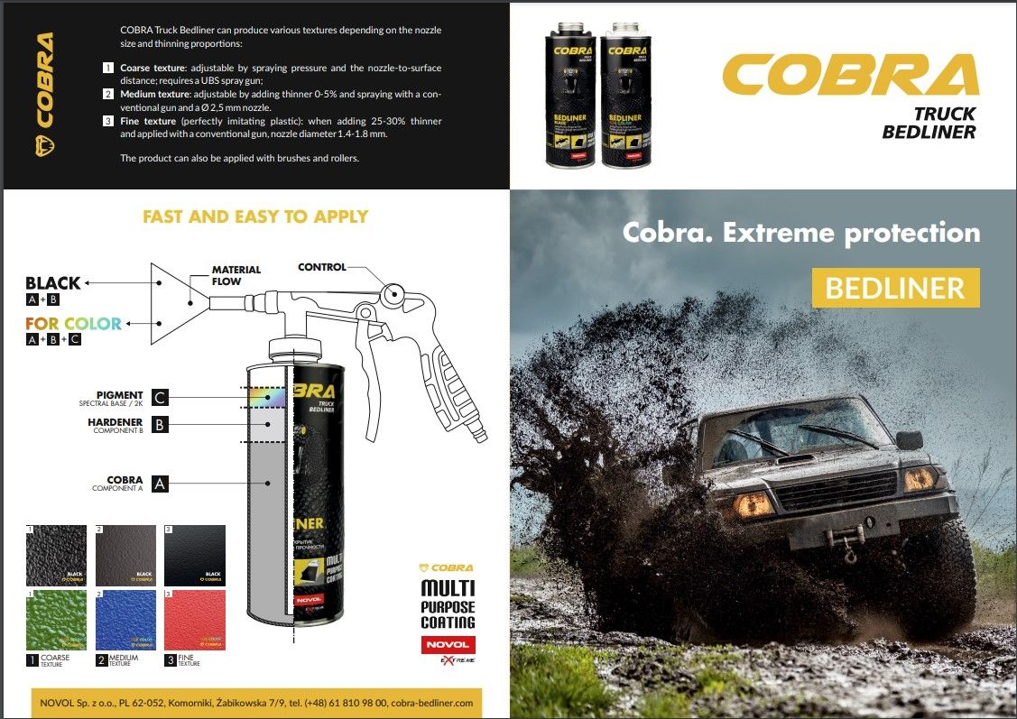 Sada Cobra Bedliner ochranný nástřik (6x 600ml) + tužidlo (6x 200ml) černá + Stříkací pistole COBRA UBS