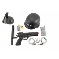 Sada policie SWAT helma+pistole na setrvačník s doplňky plast