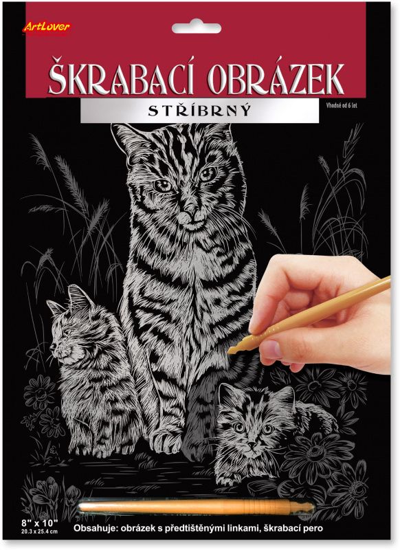 Škrabací obrázek stříbrný 20x25 cm - Kočka s koťaty (SCS-EP300)