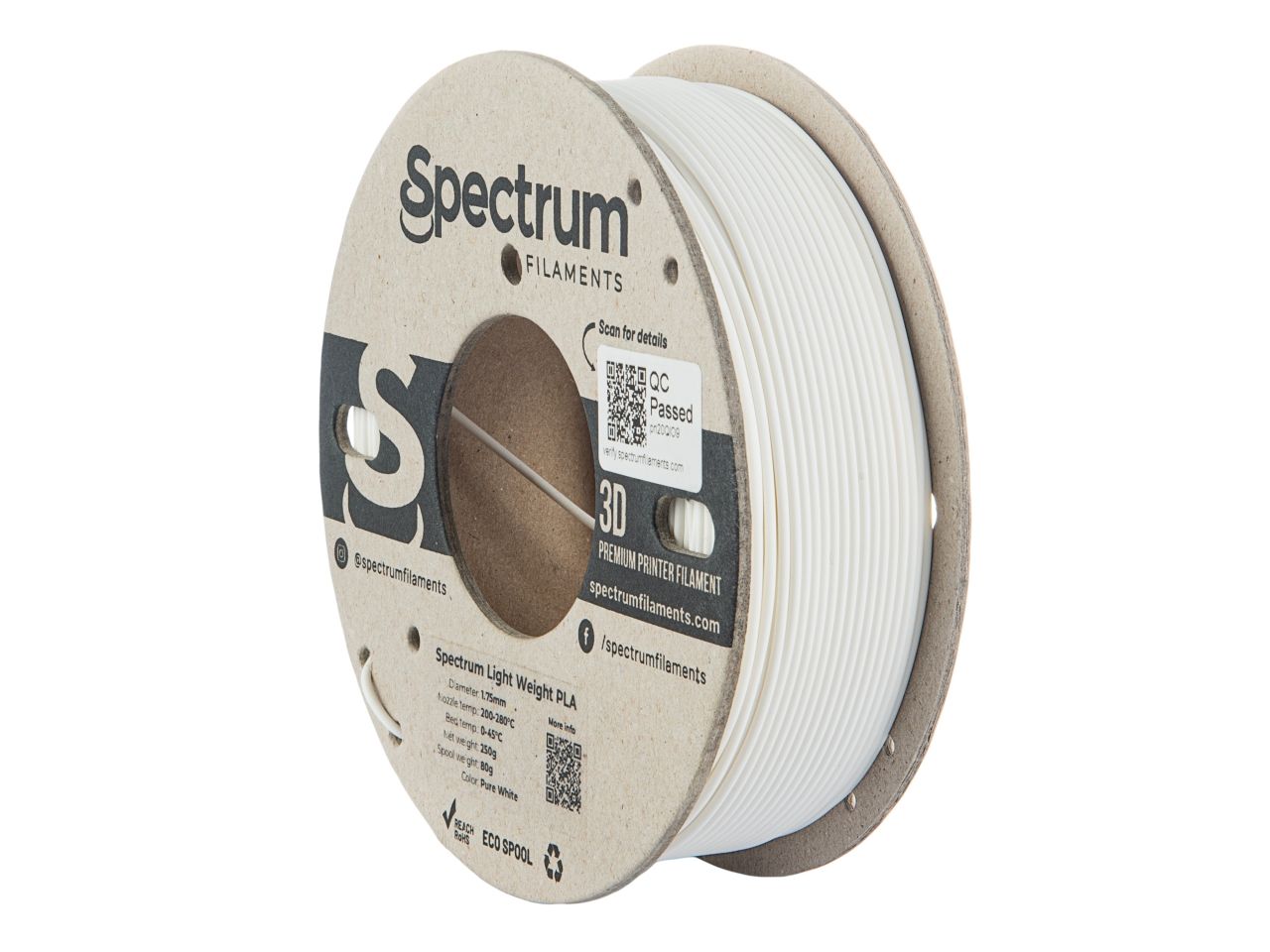 Spectrum Light Weight PLA 1.75mm, Pure White, 80999, 0.25kg