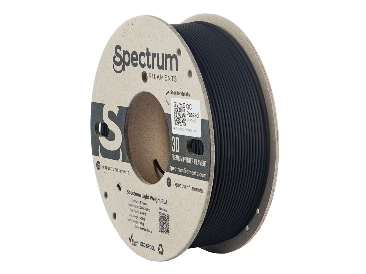 Spectrum Light Weight PLA 1.75mm, Traffic Black, 81000, 0.25kg