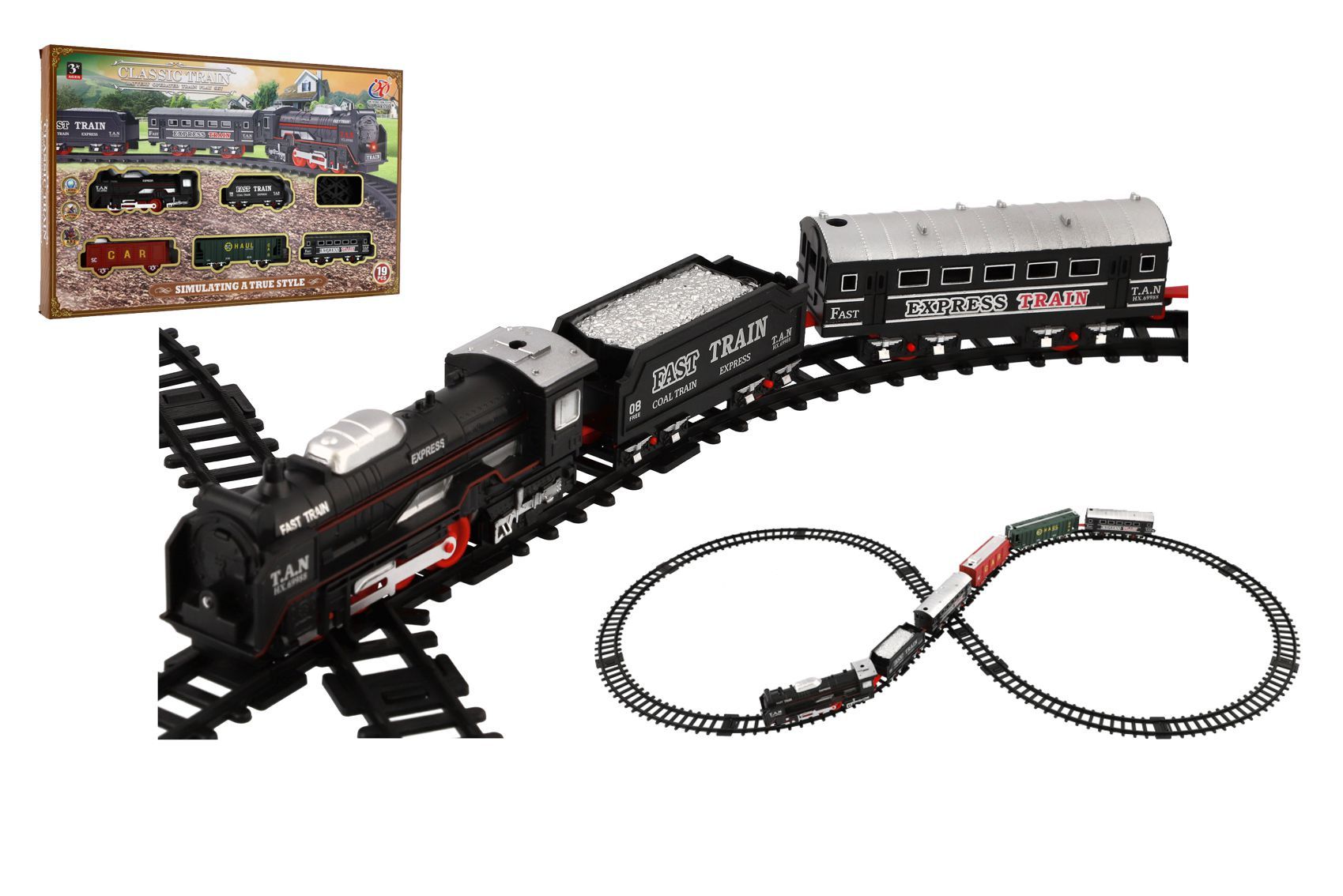 Vlak/Lokomotiva + 4 vagóny s kolejemi 19ks plast na baterie se světlem