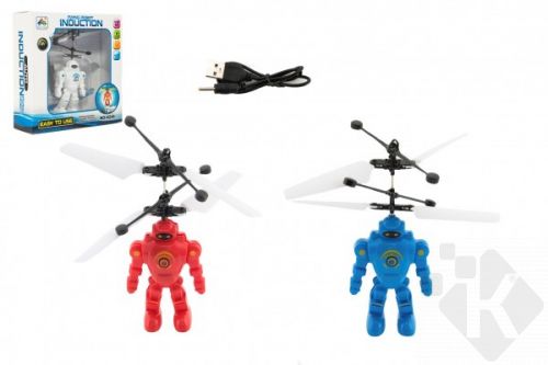 Vrtulník/Robot 15cm plast reagující na pohyb ruky s USB nab. kabelem se světlem v krabičce 17x18x6cm
